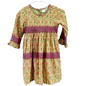 Yo Baby Boho Festival Green & Pink Floral Dress Girls Size 7